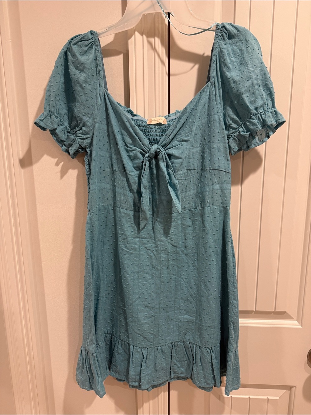 Altar'd State Dusty Blue Tie-Front Swiss Dot Mini Dress